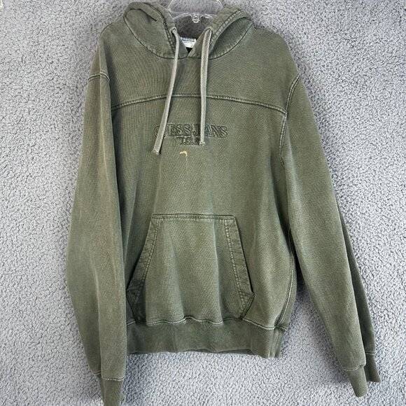 Vintage 90s GUESS U.S.A Embroidered Hoodie Size Medium Green Made In USA Y2K - Picture 1 of 4